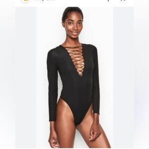 Victoria's Secret Black Lace-Up Plunge Bodysuit
